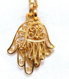 Hamsa Big & Small Filigree Necklace 14kt Gold