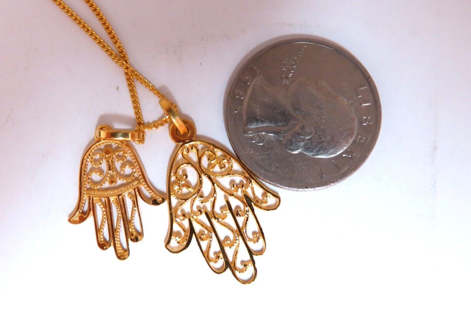 Women's or Men's Hamsa Big & Small Filigree Necklace 14kt Gold For Sale