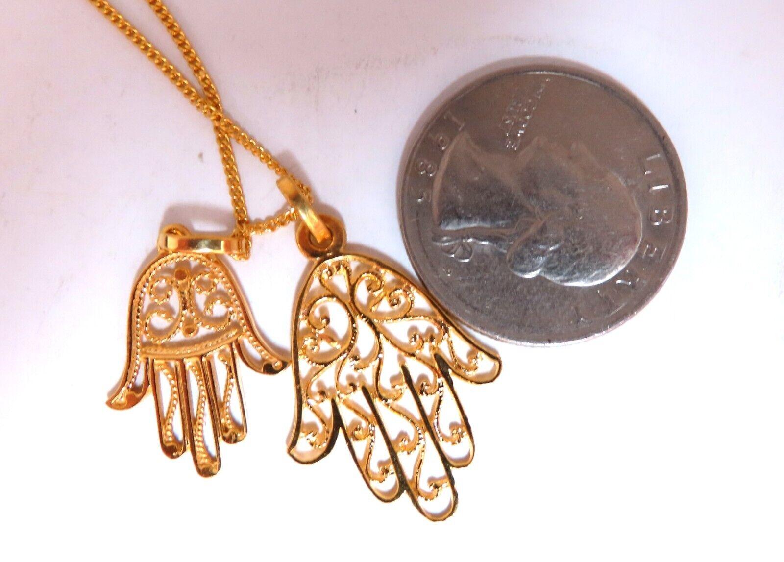 Hamsa Big & Small Filigree Necklace 14kt Gold For Sale 1