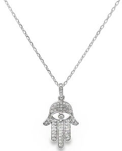 Hamsa Diamond Necklace with Eye in 14K White Gold Freely Adjustable Length