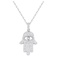 Hamsa Diamond Necklace with Eye in 14K White Gold Freely Adjustable Length