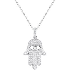 Hamsa Diamond Necklace with Eye in 14K White Gold Freely Adjustable Length