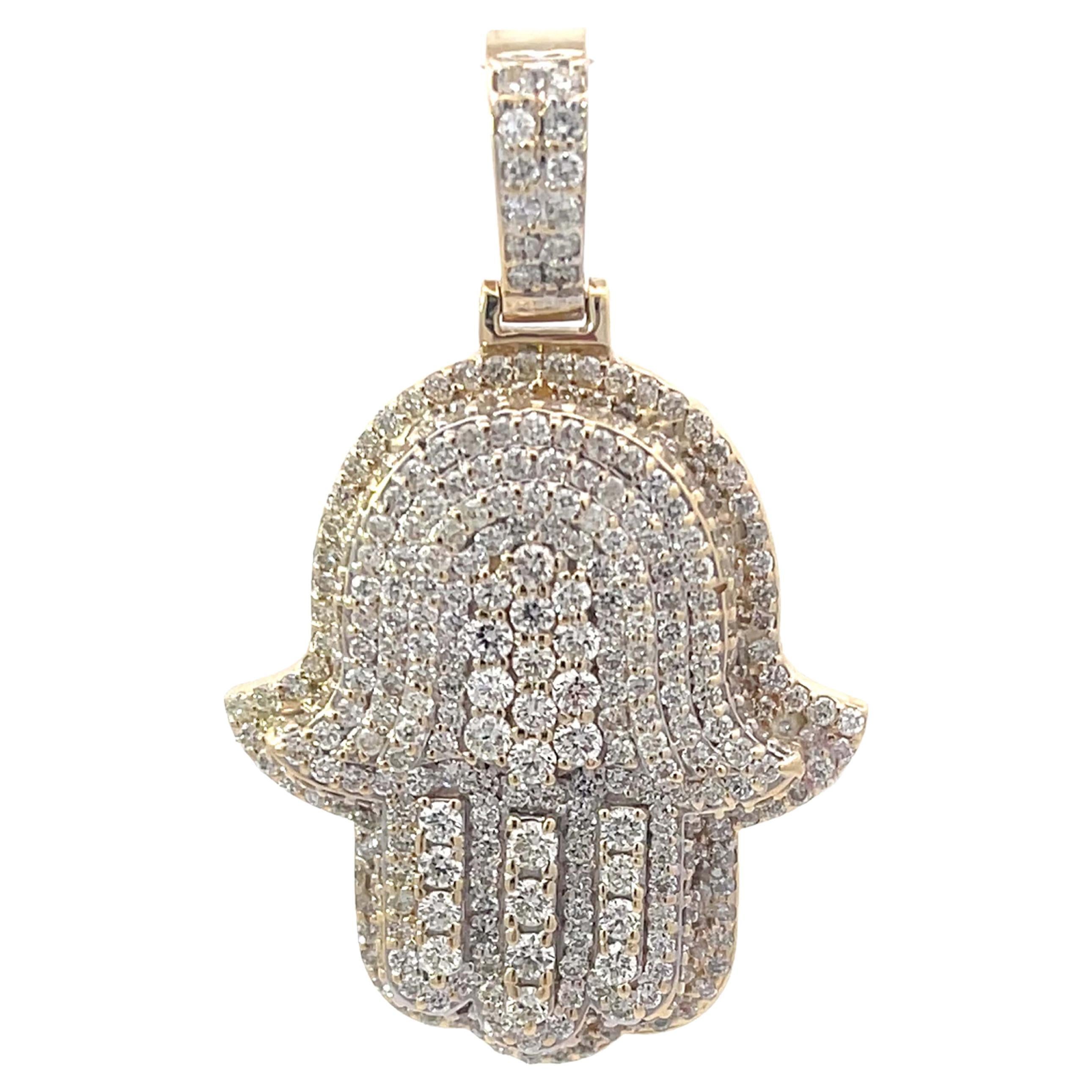 Hamsa Diamond Pendant in 14k Yellow Gold 2.5 Ct G-H, VS For Sale