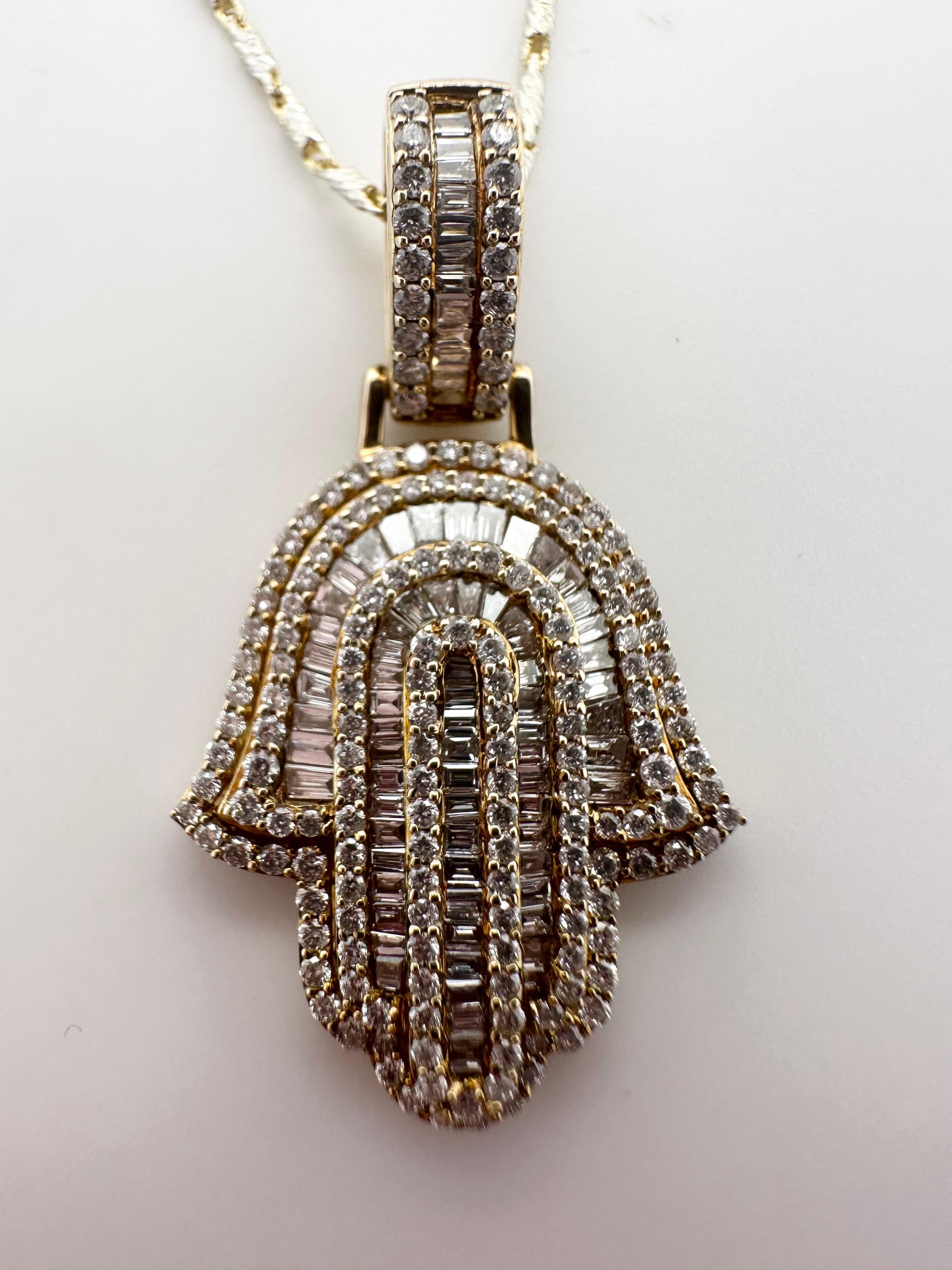 Baguette Cut Hamsa diamond pendant necklace 14KT yellow gold 1.21ct 16