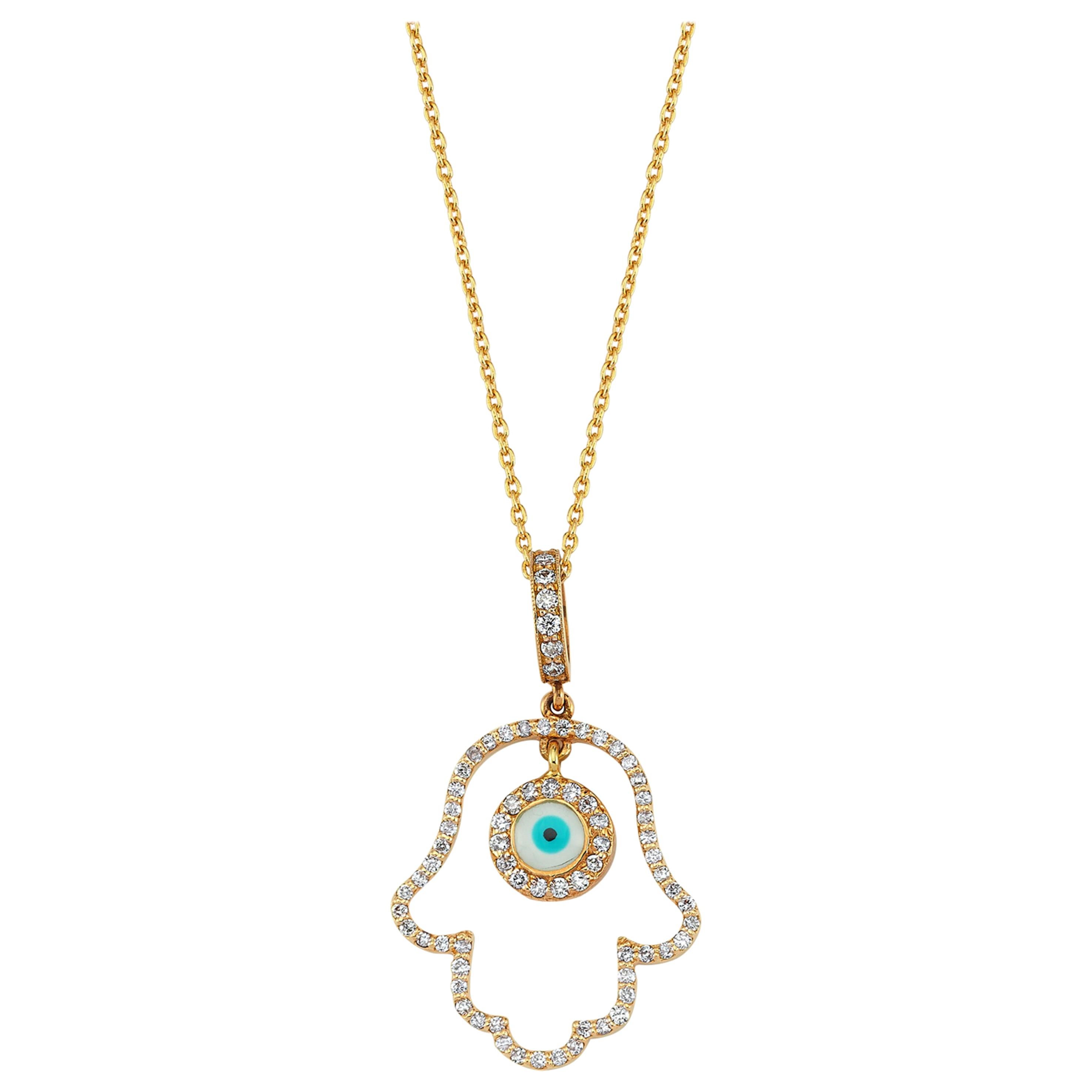 Hamsa Diamond Pendant Necklace with Enamel Evil Eye Talisman 14 Karat White Gold For Sale