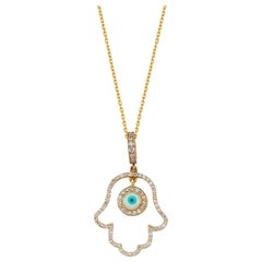 Hamsa Diamond Pendant Necklace with Enamel Evil Eye Talisman 14 Karat White Gold