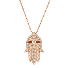 1.65 Carat Diamond Hamsa Pendant Necklace 18K Rose Gold 24 Inch Chain - Tamir