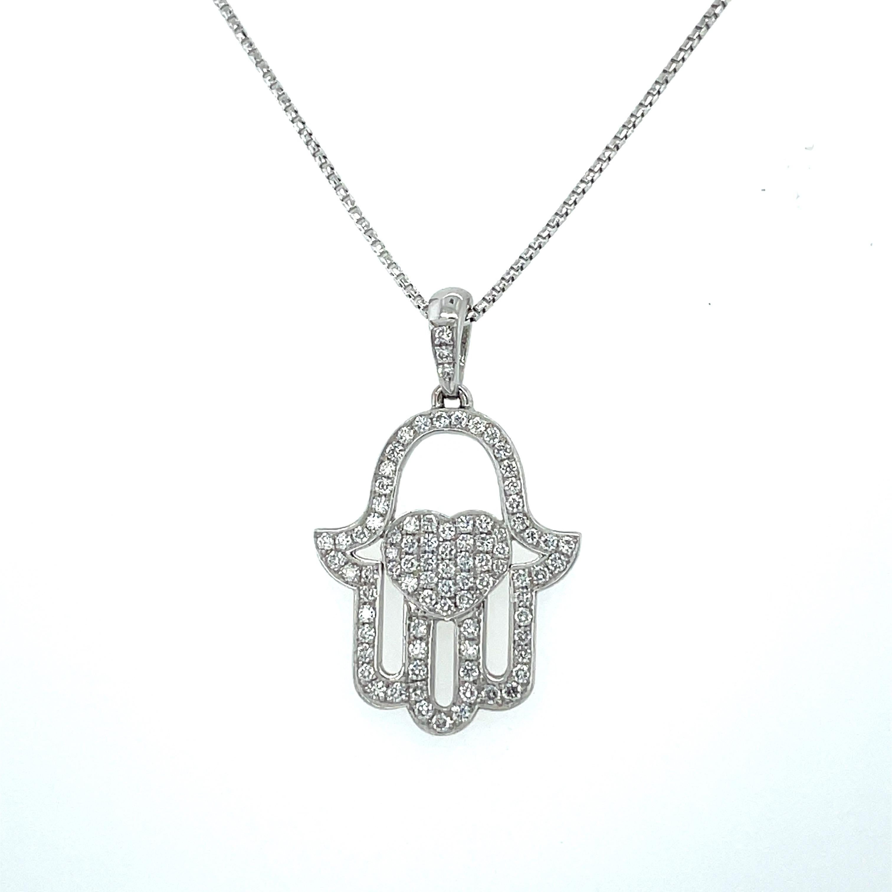 Round Cut Hamsa Diamonds Necklace & Pendant, 0.6CT  Diamond Hamsa Pendant, 18k White Gold For Sale