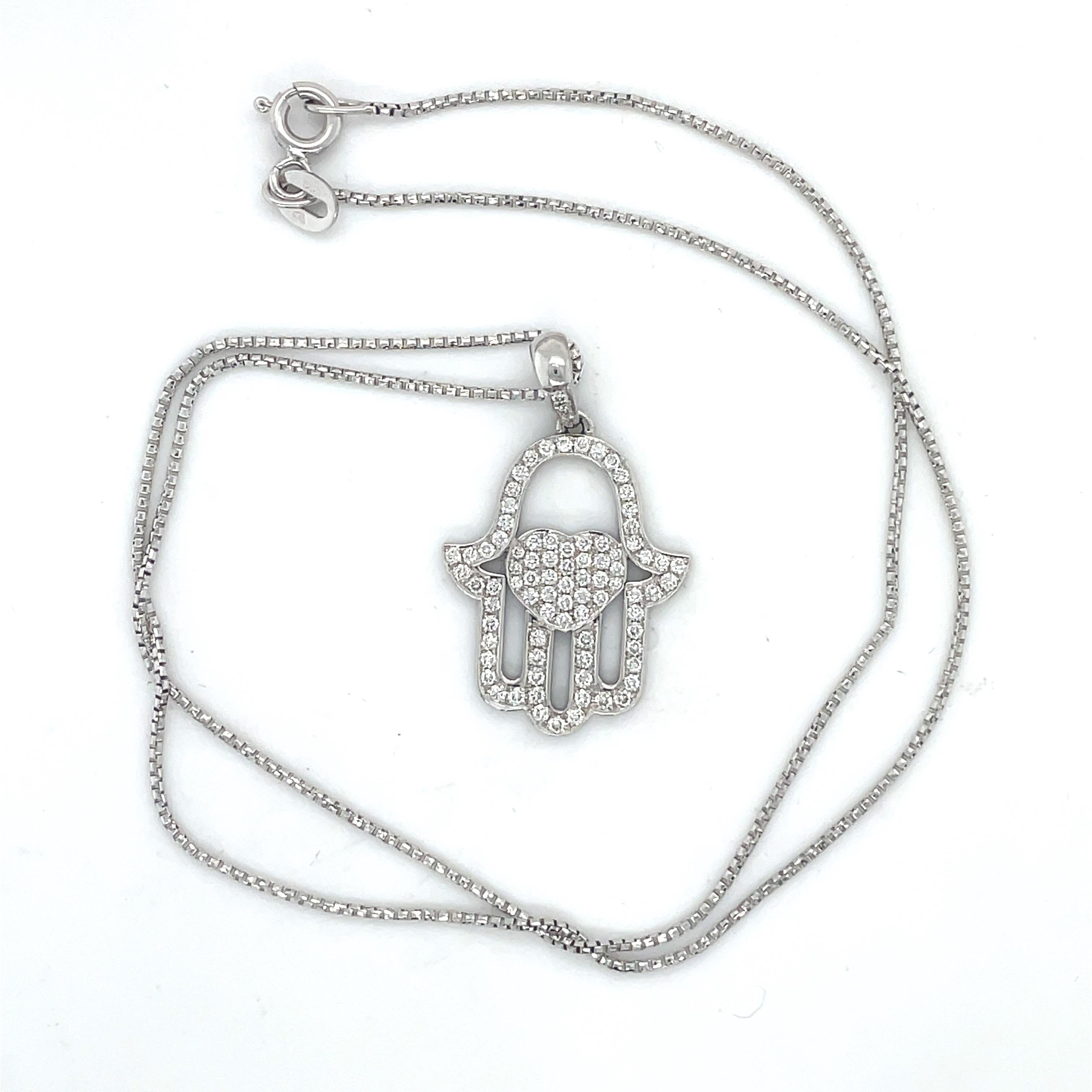 Hamsa Diamonds Necklace & Pendant, 0.6CT  Diamond Hamsa Pendant, 18k White Gold For Sale 3