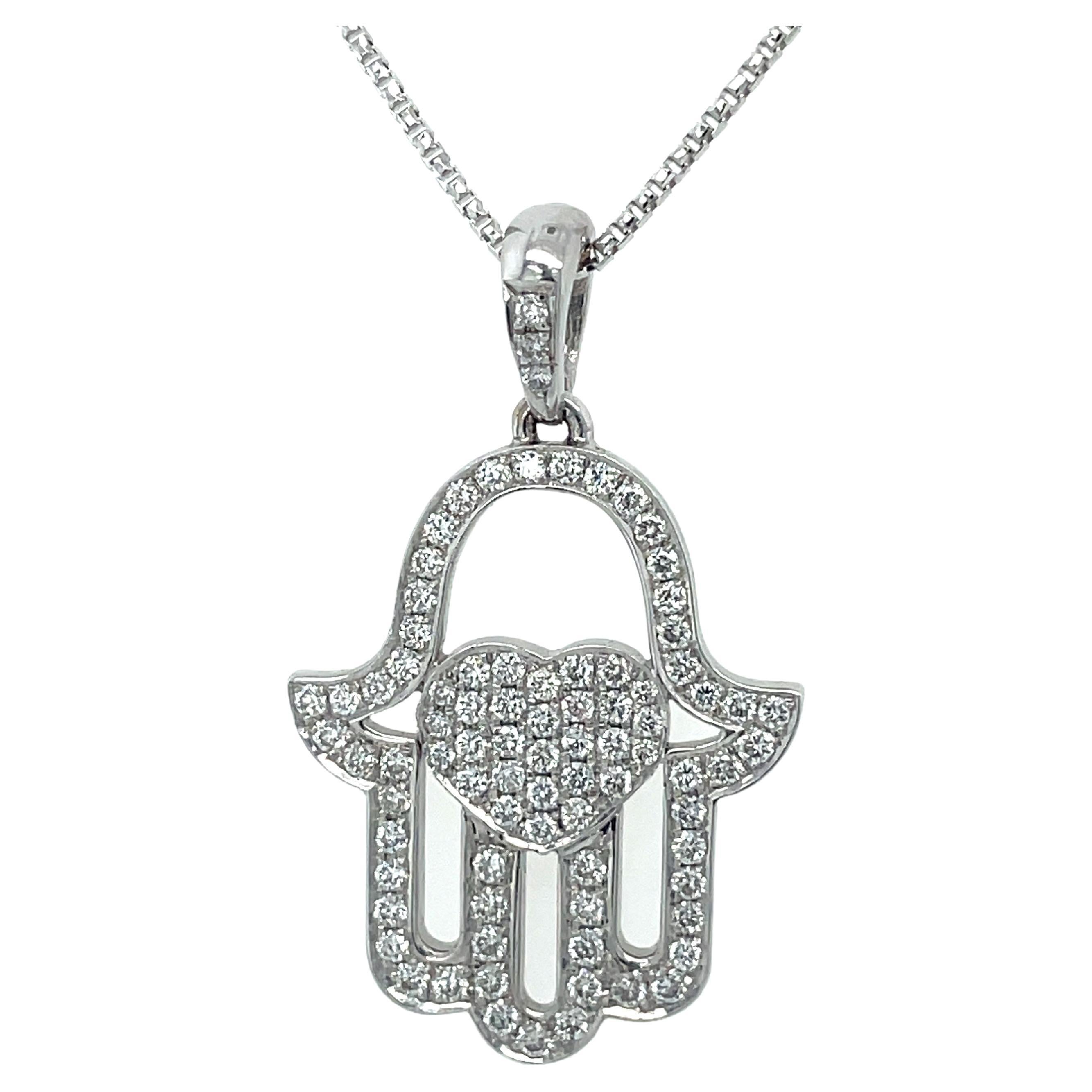 Hamsa Diamonds Necklace & Pendant, 0.6CT  Diamond Hamsa Pendant, 18k White Gold