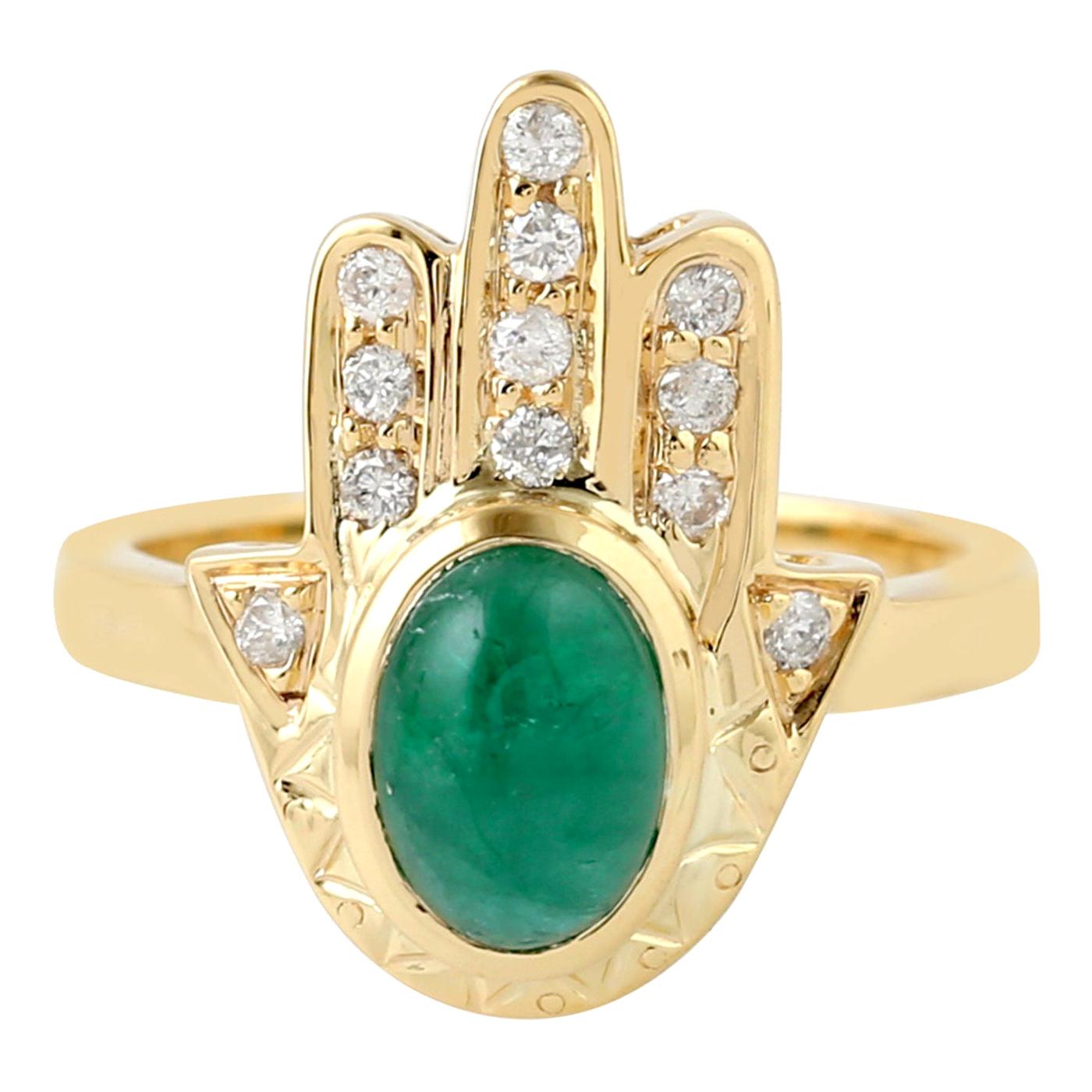 Hamsa Smaragd-Diamant-Ring aus 18 Karat Gold