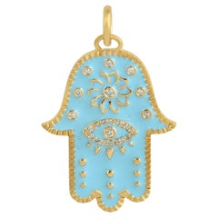 Hamsa Evil Eye Charm Turquoise Enameled Pendant With Diamond In Yellow Gold