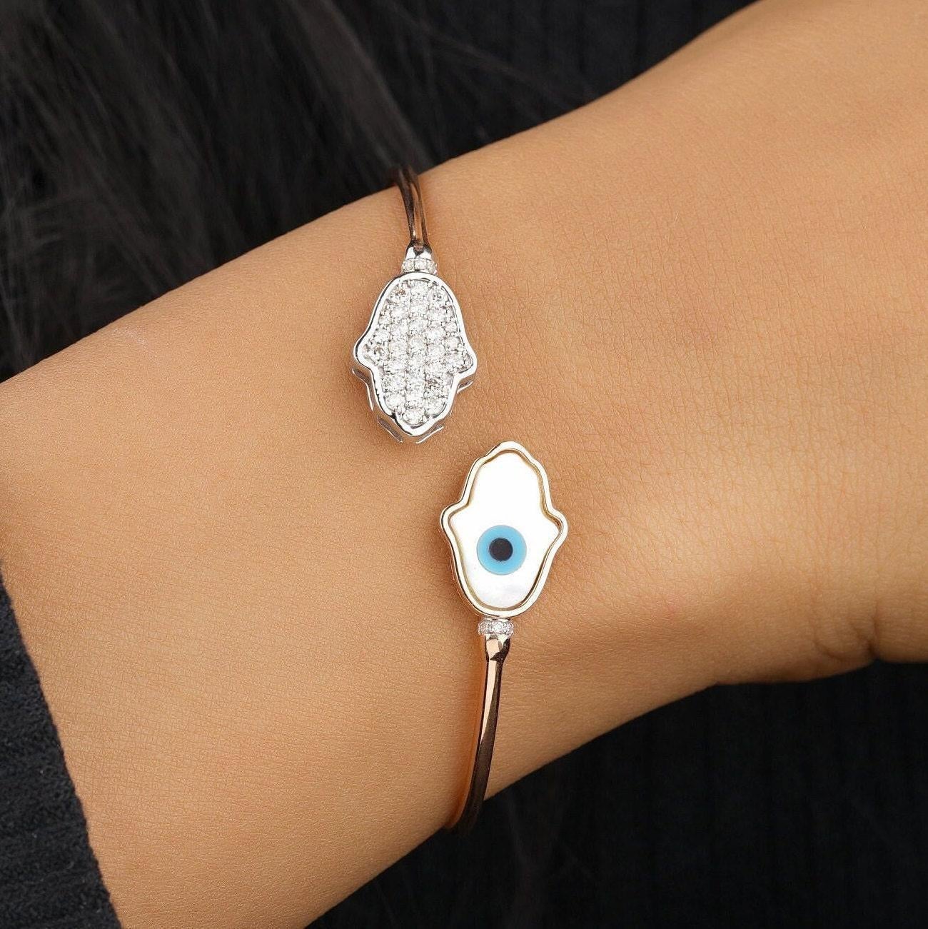 Art Déco Bracciale Hamsa Evil Eye Diamond in oro massiccio 14K (certificato) in vendita