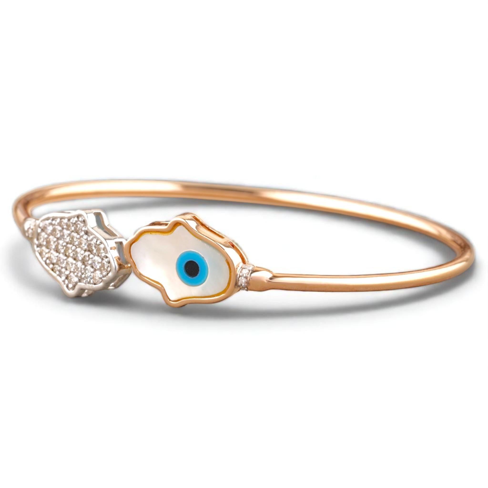 Taglio rotondo Bracciale Hamsa Evil Eye Diamond in oro massiccio 14K (certificato) in vendita