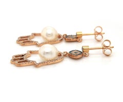 Hamsa, Evil Eye, Pearl and Diamond Dangle Earrings in 18K Yellow Gold