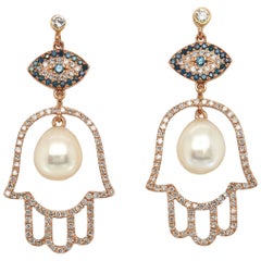 Hamsa, Evil Eye, Pearl and Diamond Dangle Earrings in 18K Yellow Gold