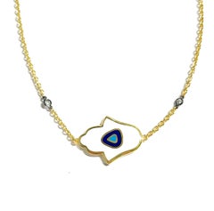 Hamsa Hand Diamond Enamel Bracelet 18 Karat Yellow Gold with Minimal Evil Eye