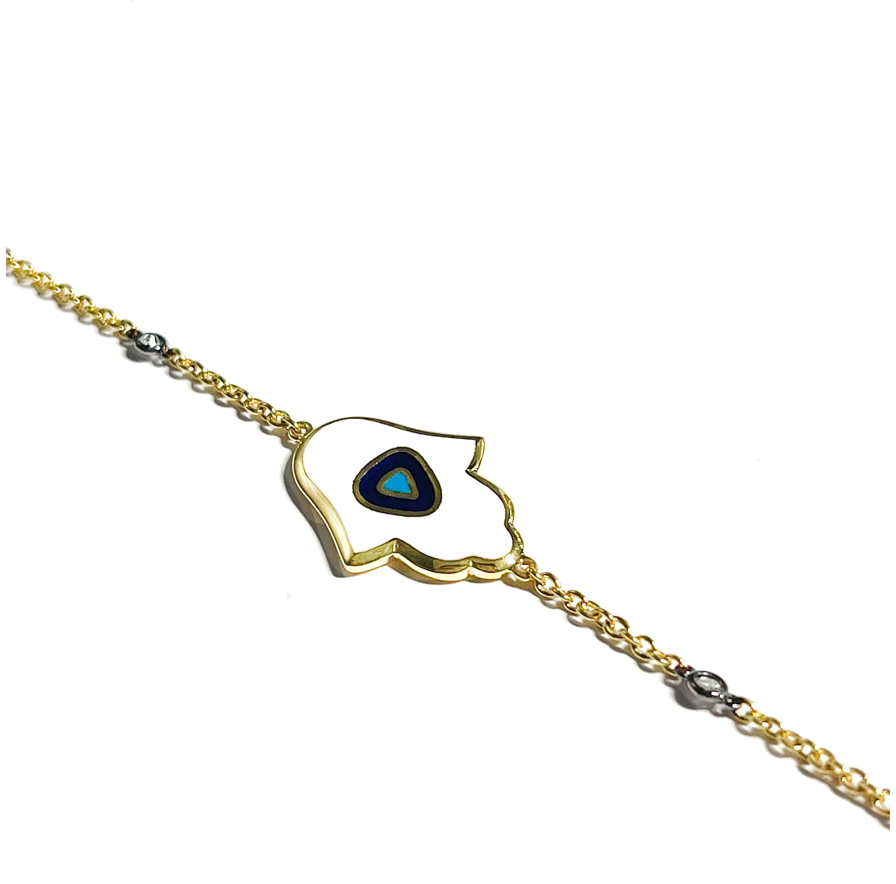 Artisan Hamsa Hand Diamond Enamel Bracelet 18 Karat Yellow Gold with Minimal Evil Eye For Sale