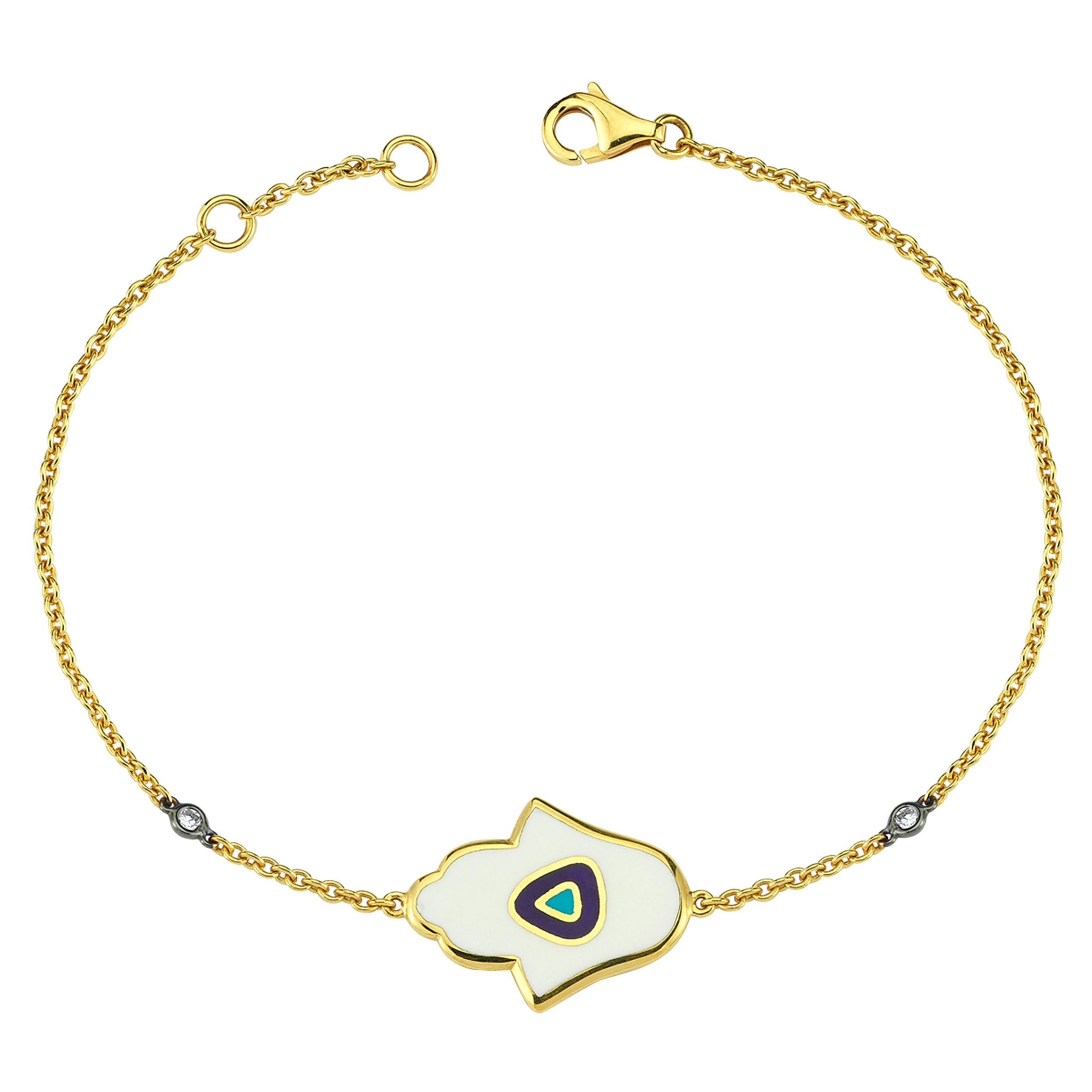 Hamsa Hand Diamond Enamel Bracelet 18 Karat Yellow Gold with Minimal Evil Eye For Sale