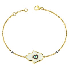 Hamsa Hand Diamond Enamel Bracelet 18 Karat Yellow Gold with Minimal Evil Eye