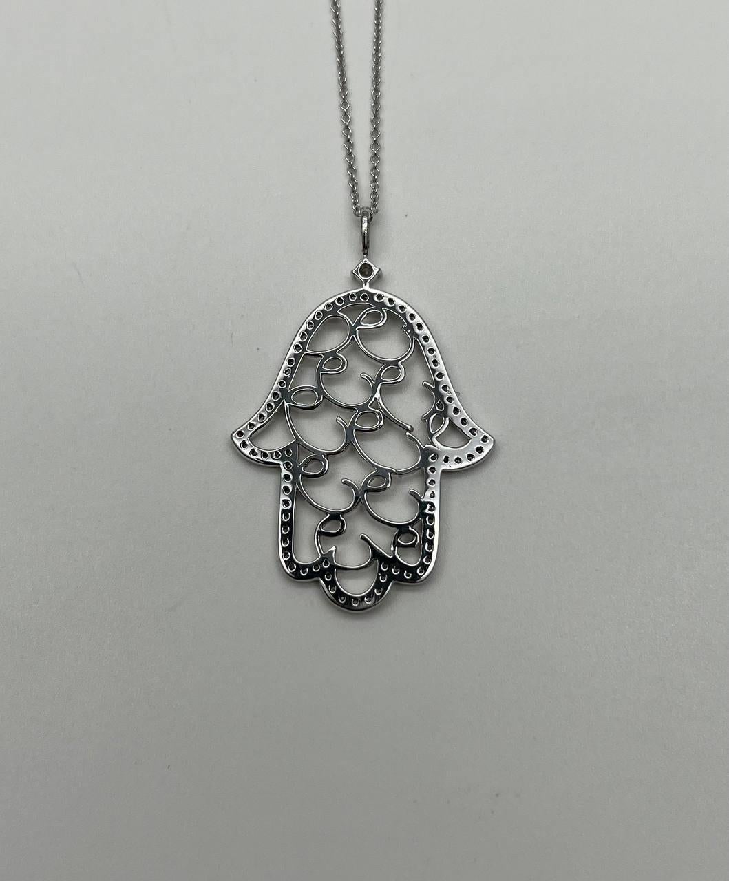 Mixed Cut Hamsa Hand of Fatima Diamonds Halo Motif 18K White Gold Pendant Amulet Necklace