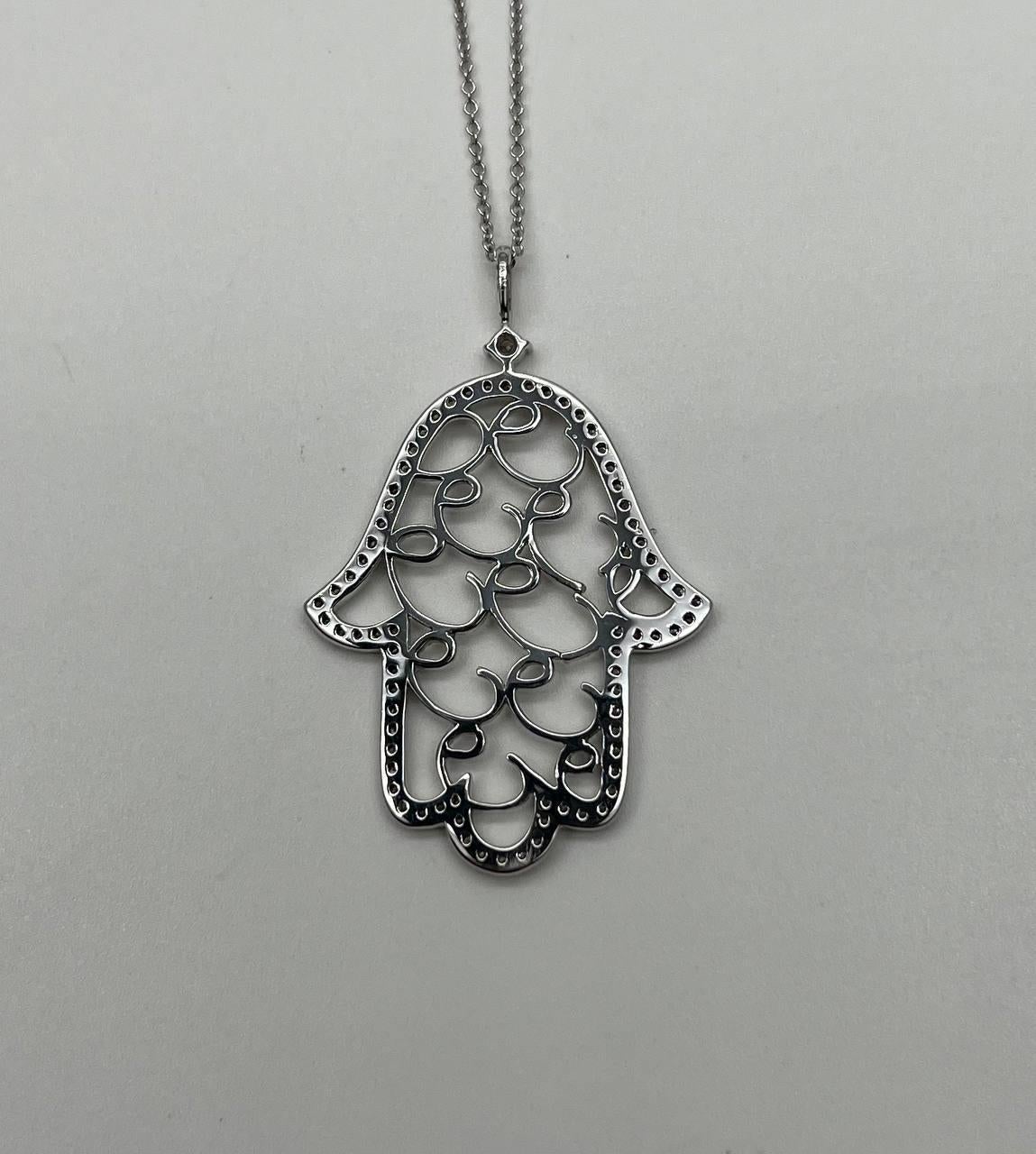 Hamsa Hand of Fatima Diamonds Halo Motif 18K White Gold Pendant Amulet Necklace In New Condition In Oakton, VA