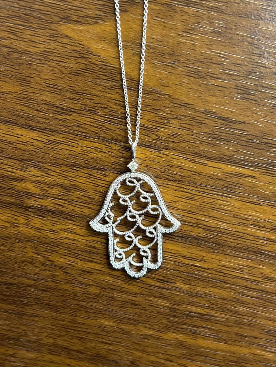 Hamsa Hand of Fatima Diamonds Halo Motif 18K White Gold Pendant Amulet Necklace 1