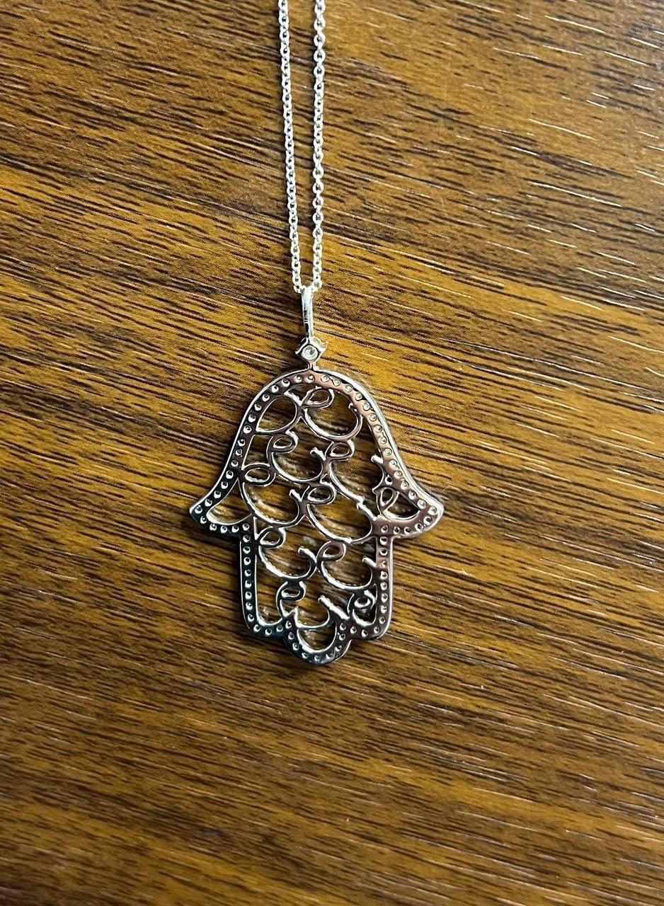 Hamsa Hand of Fatima Diamonds Halo Motif 18K White Gold Pendant Amulet Necklace 2