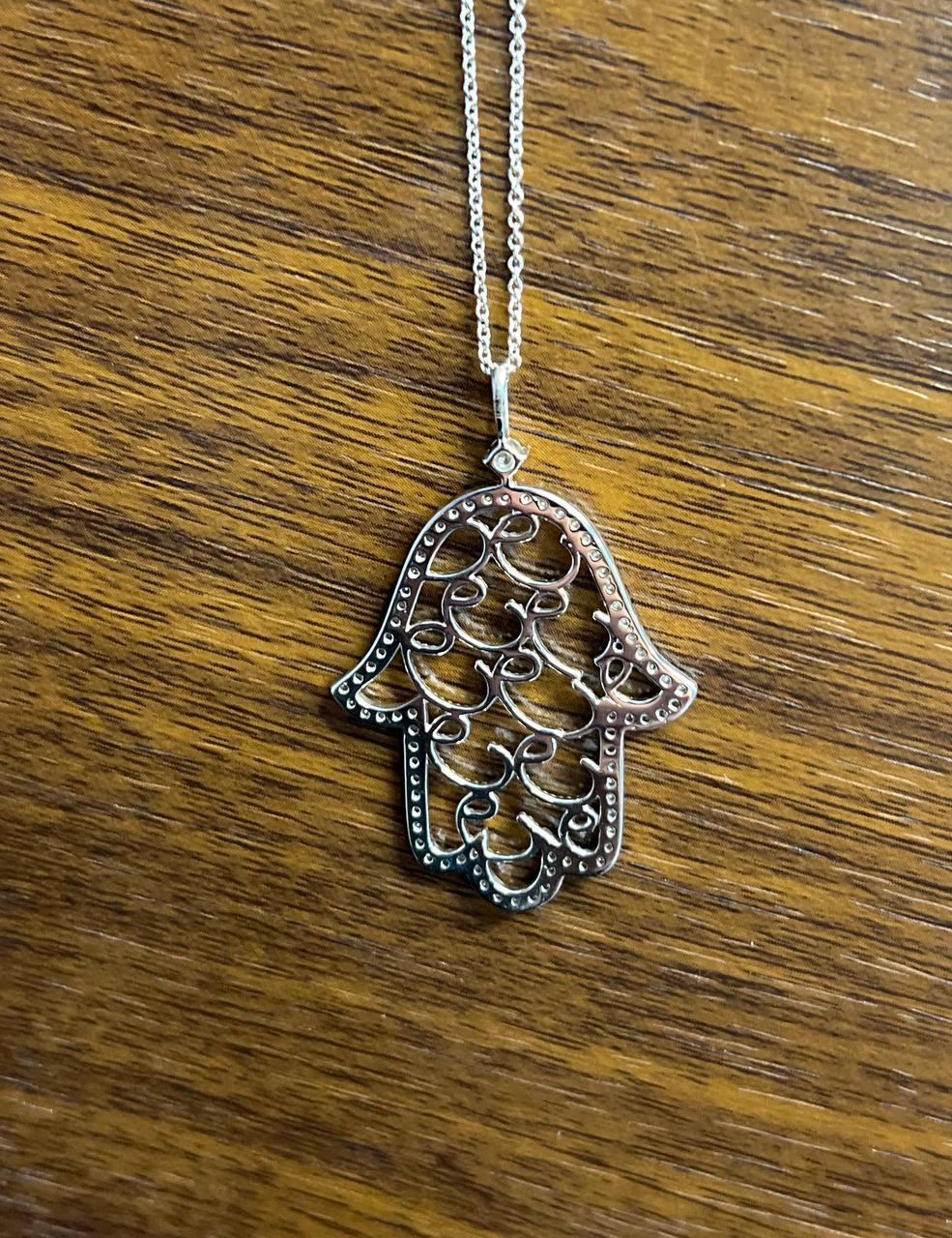 Hamsa Hand of Fatima Diamonds Halo Motif 18K White Gold Pendant Amulet Necklace 3