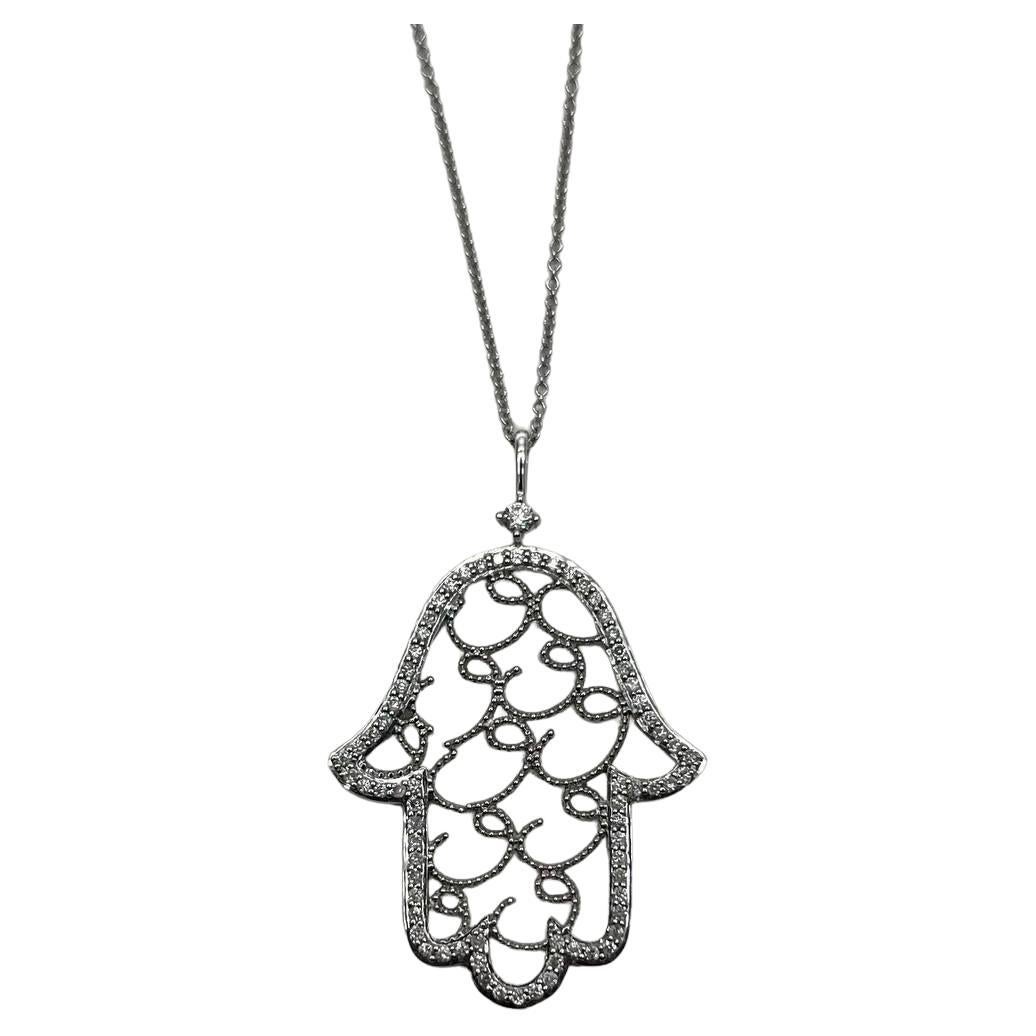 Hamsa Hand of Fatima Diamonds Halo Motif 18K White Gold Pendant Amulet Necklace