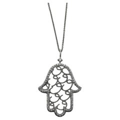 Hamsa Hand of Fatima Diamonds Halo Motif 18K White Gold Pendant Amulet Necklace