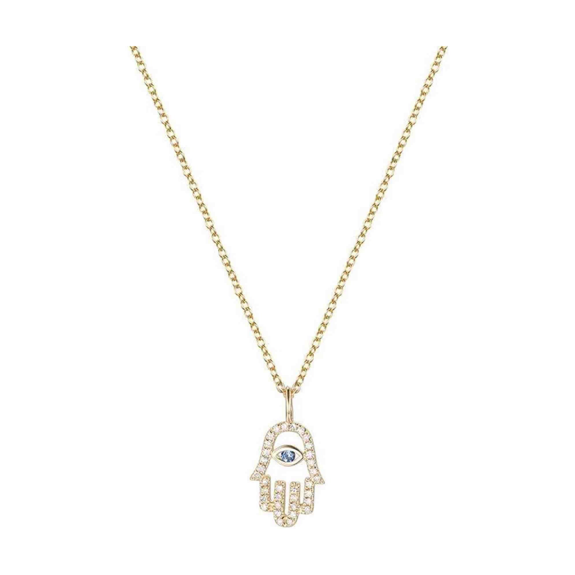 Hamsa Collier en or 14 carats pavé à la main de diamants et de saphirs bleus
