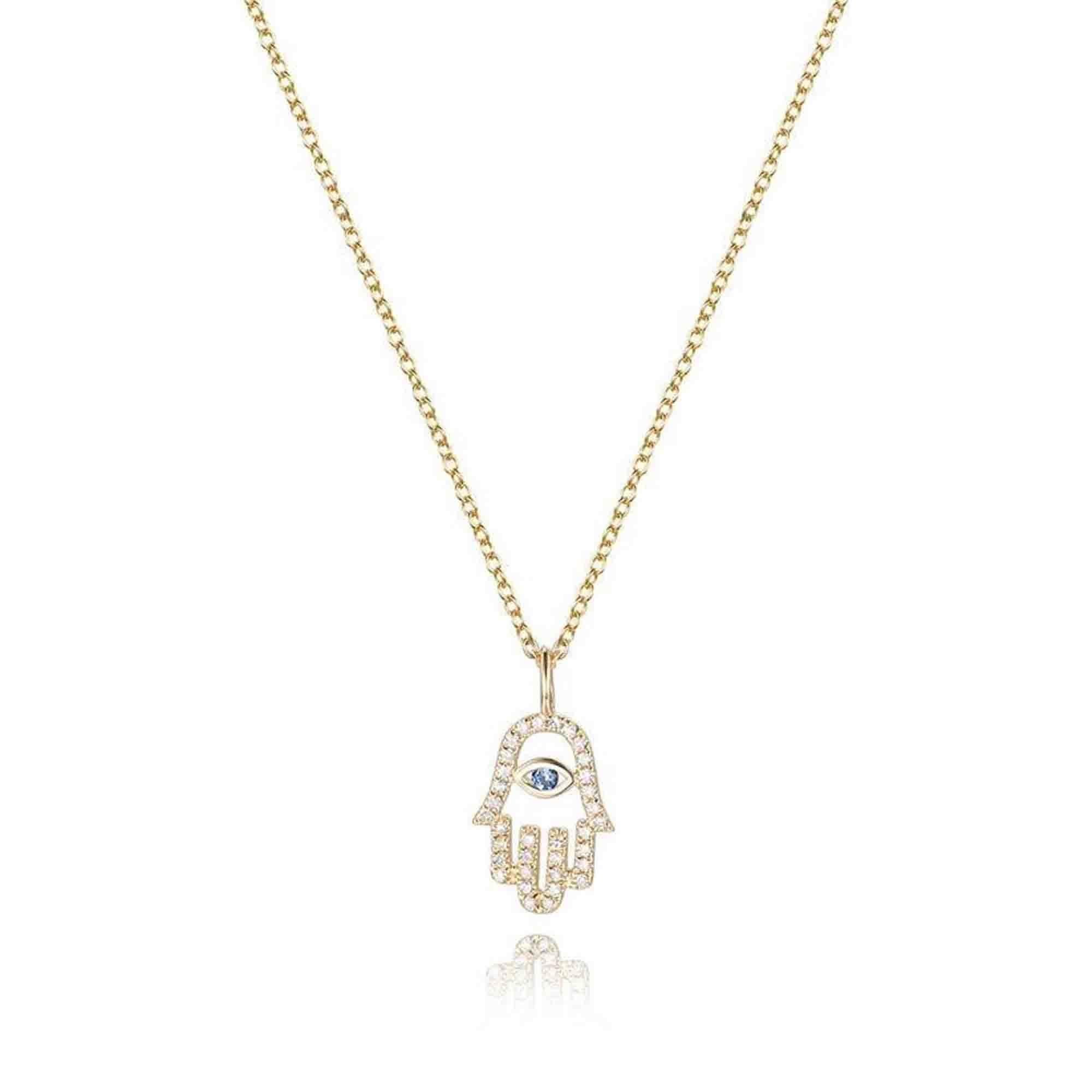 Hamsa Collier en or 14 carats pavé à la main de diamants et de saphirs bleus