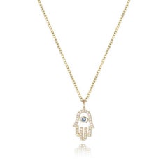 Halskette Hamsa Hand Pave 14K Gold Diamant Blauer Saphir Halskette