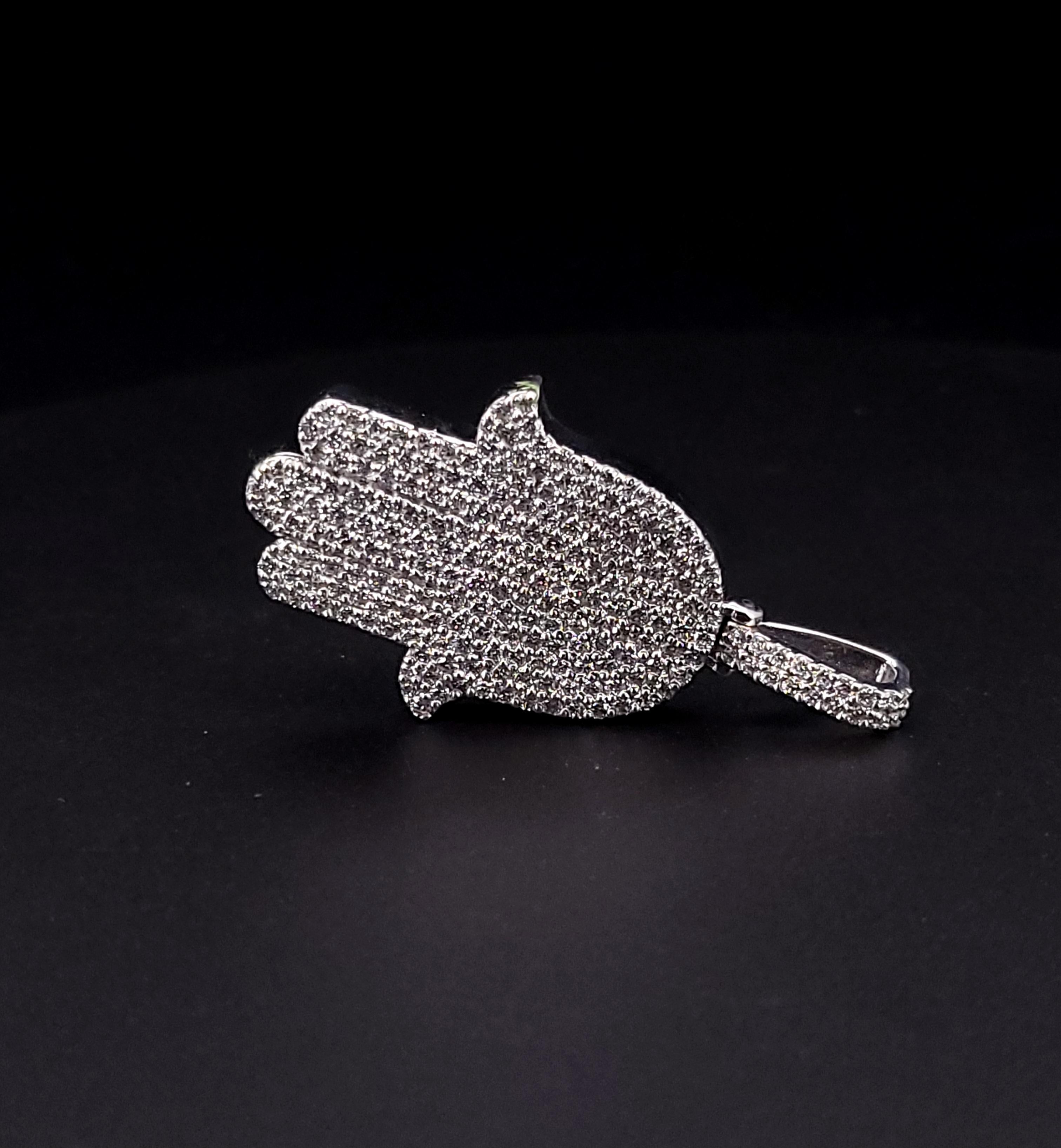Round Cut Hamsa hand pendant 14K White Gold 3.00 ct  diamonds For Sale