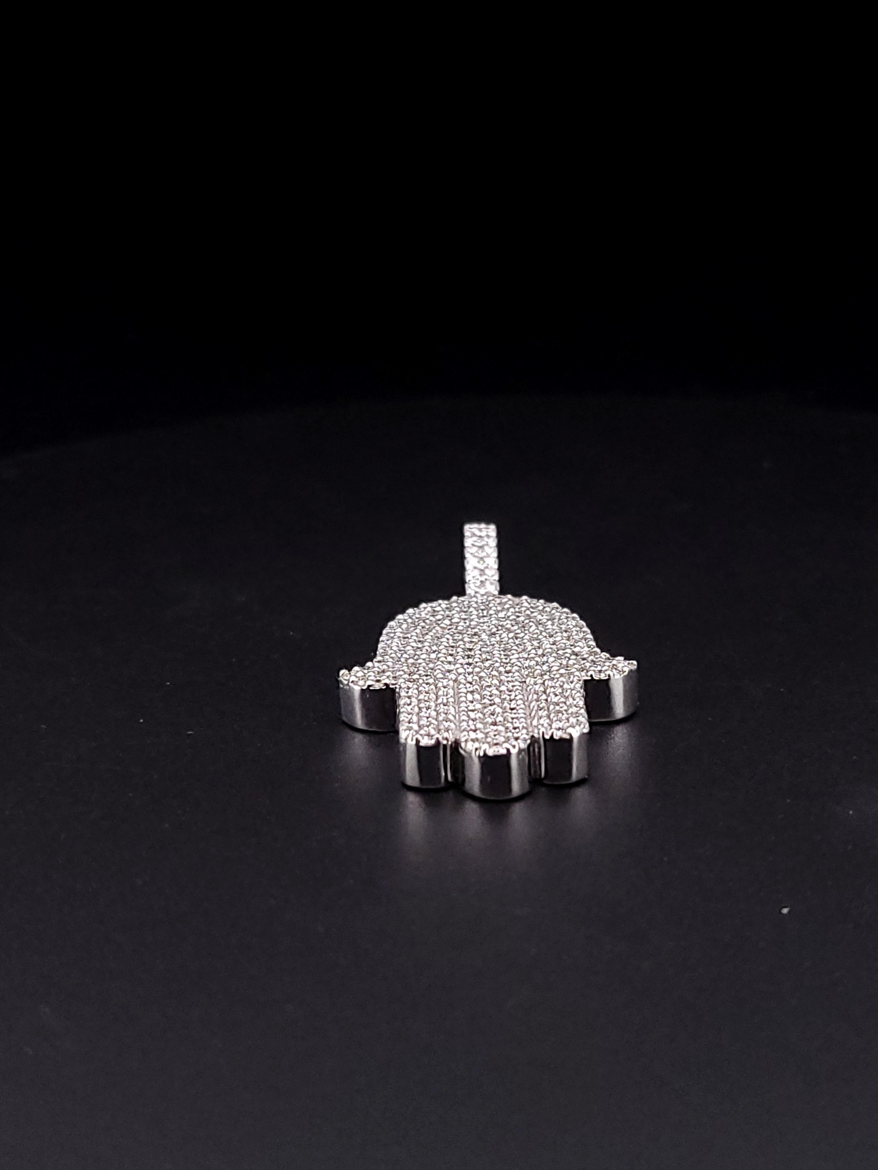Women's or Men's Hamsa hand pendant 14K White Gold 3.00 ct  diamonds For Sale