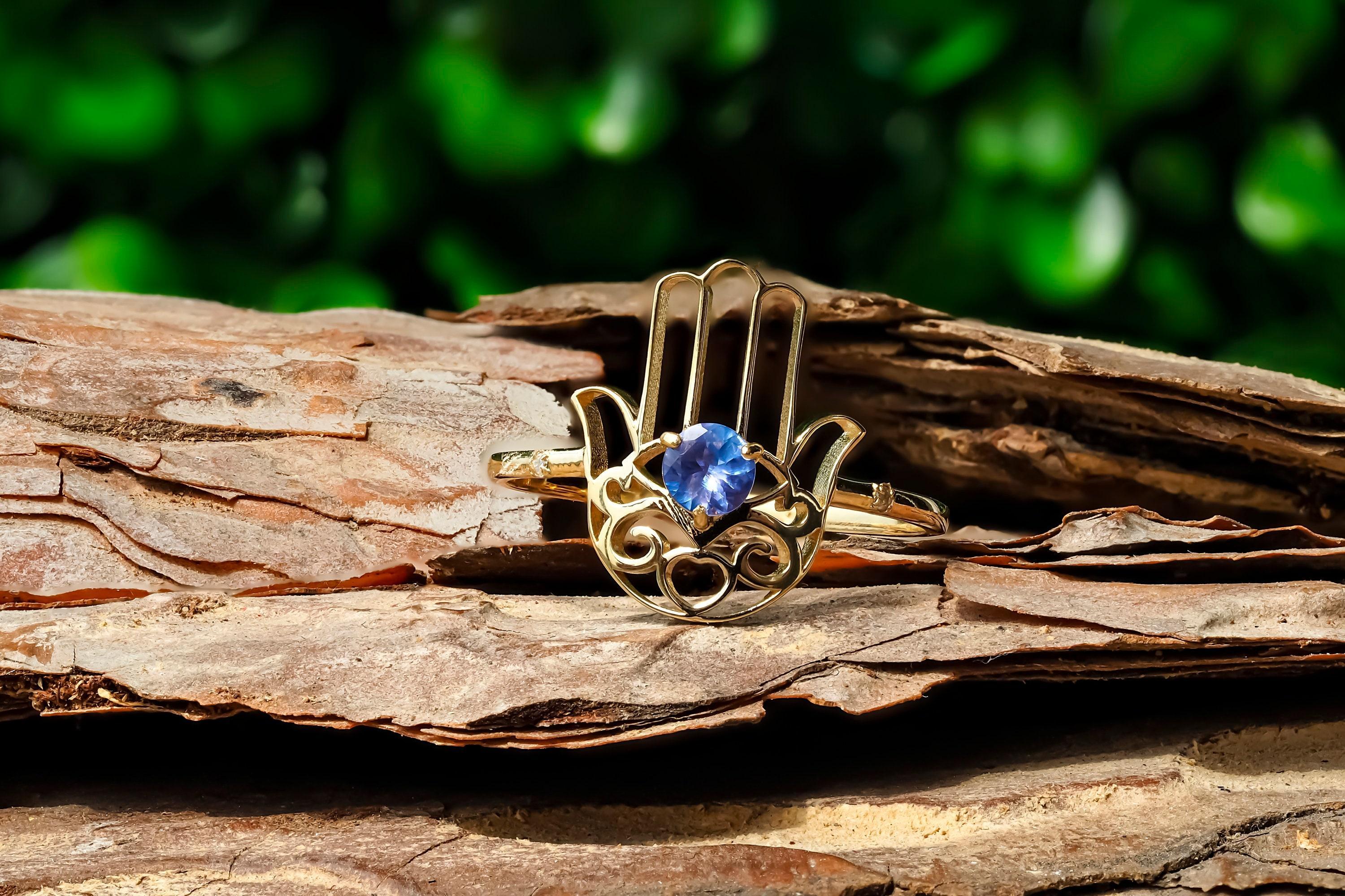 Hamsa Hand Tanzanite ring in 14k gold/ Hand of Fatima gold Ring/ Gold Protection For Sale 5