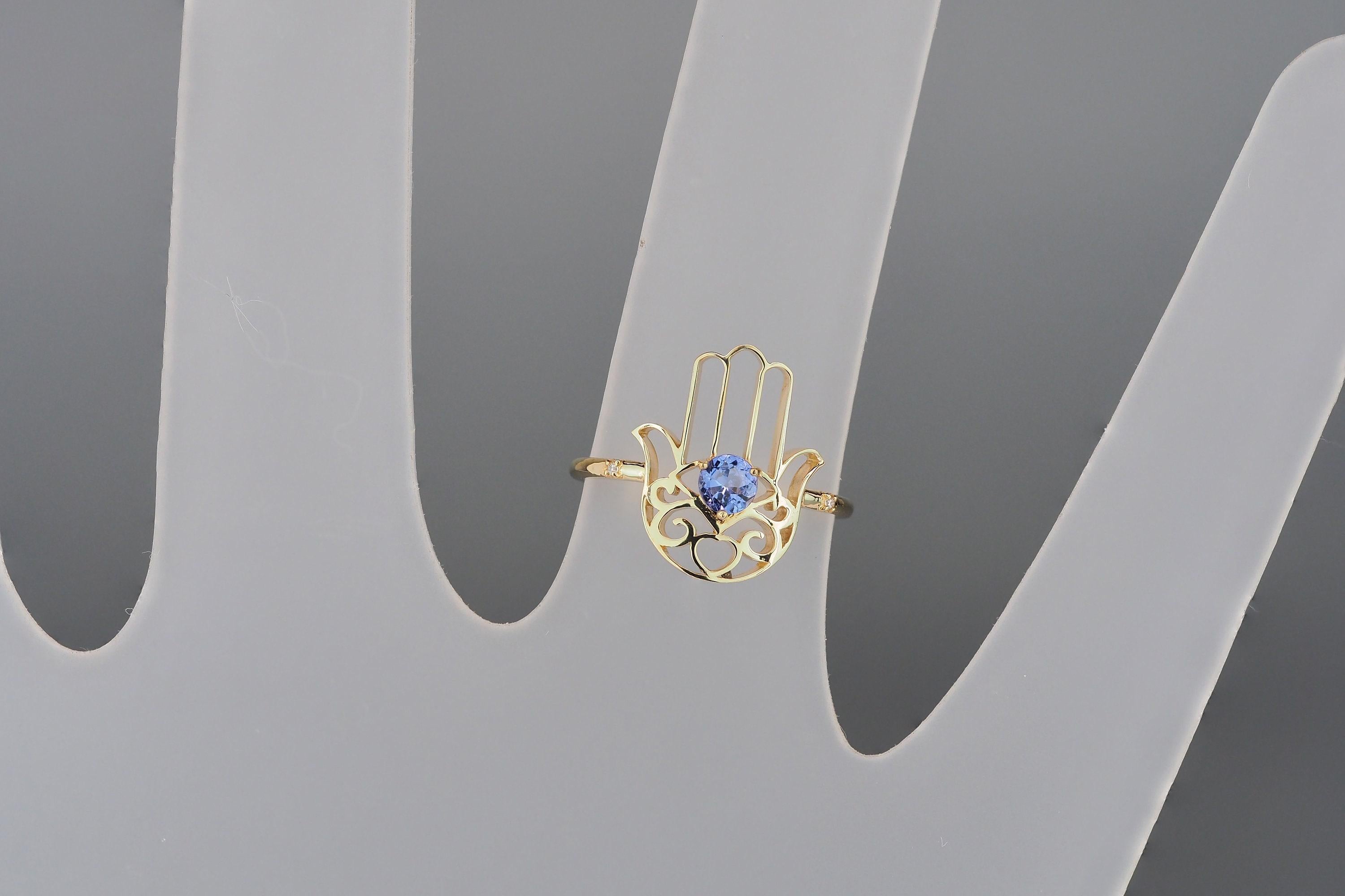 Round Cut Hamsa Hand Tanzanite ring in 14k gold/ Hand of Fatima gold Ring/ Gold Protection For Sale