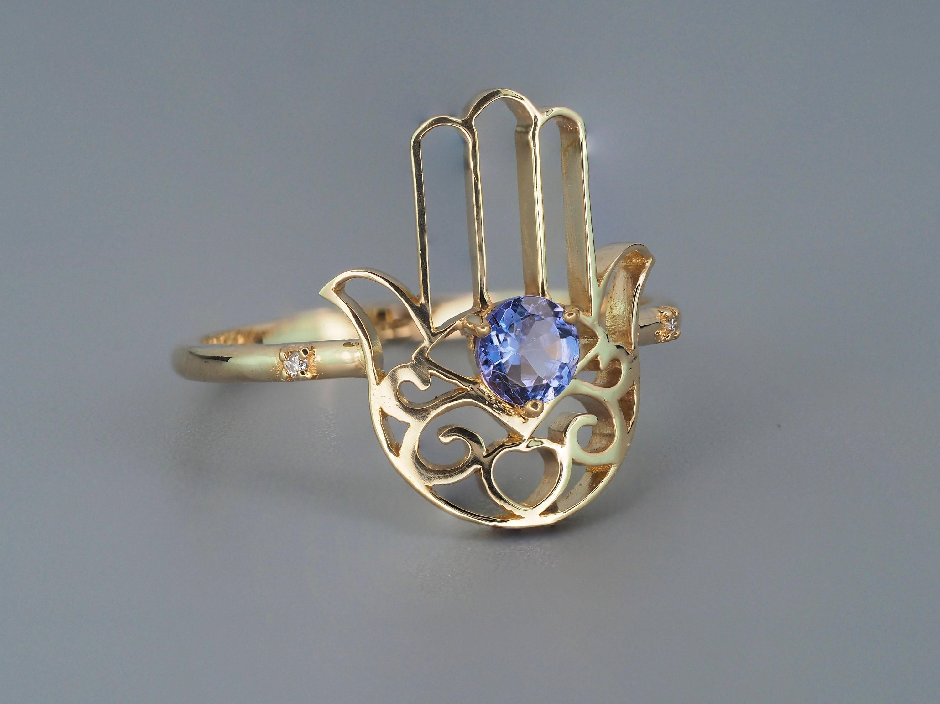 Women's Hamsa Hand Tanzanite ring in 14k gold/ Hand of Fatima gold Ring/ Gold Protection For Sale