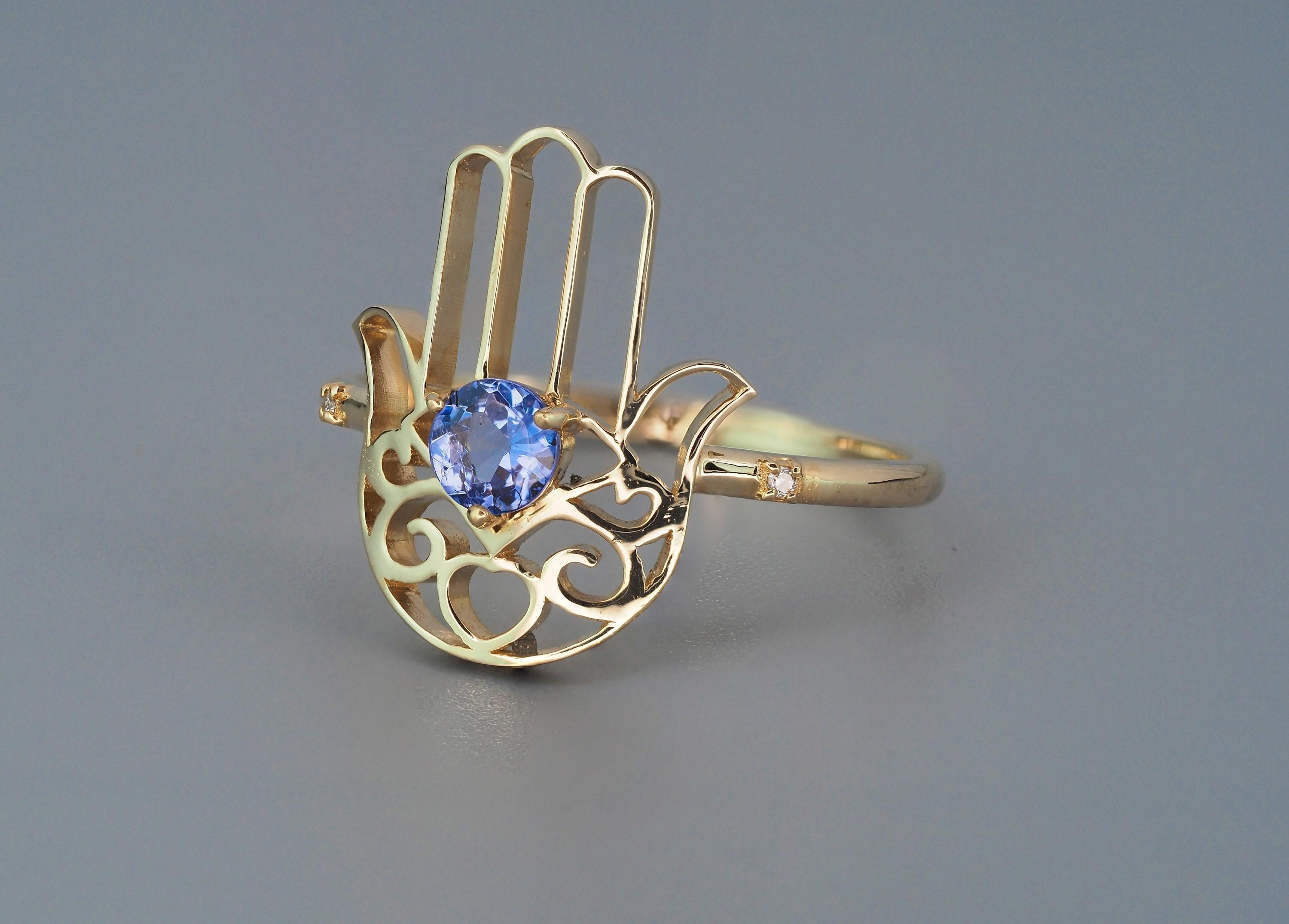 Hamsa Hand Tanzanite ring in 14k gold/ Hand of Fatima gold Ring/ Gold Protection For Sale 1