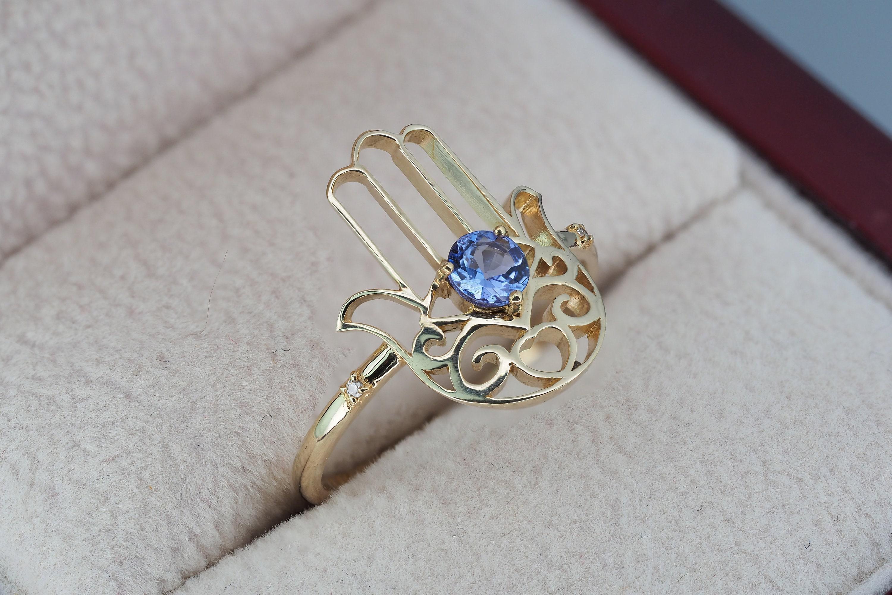 Hamsa Hand Tanzanite ring in 14k gold/ Hand of Fatima gold Ring/ Gold Protection For Sale 3