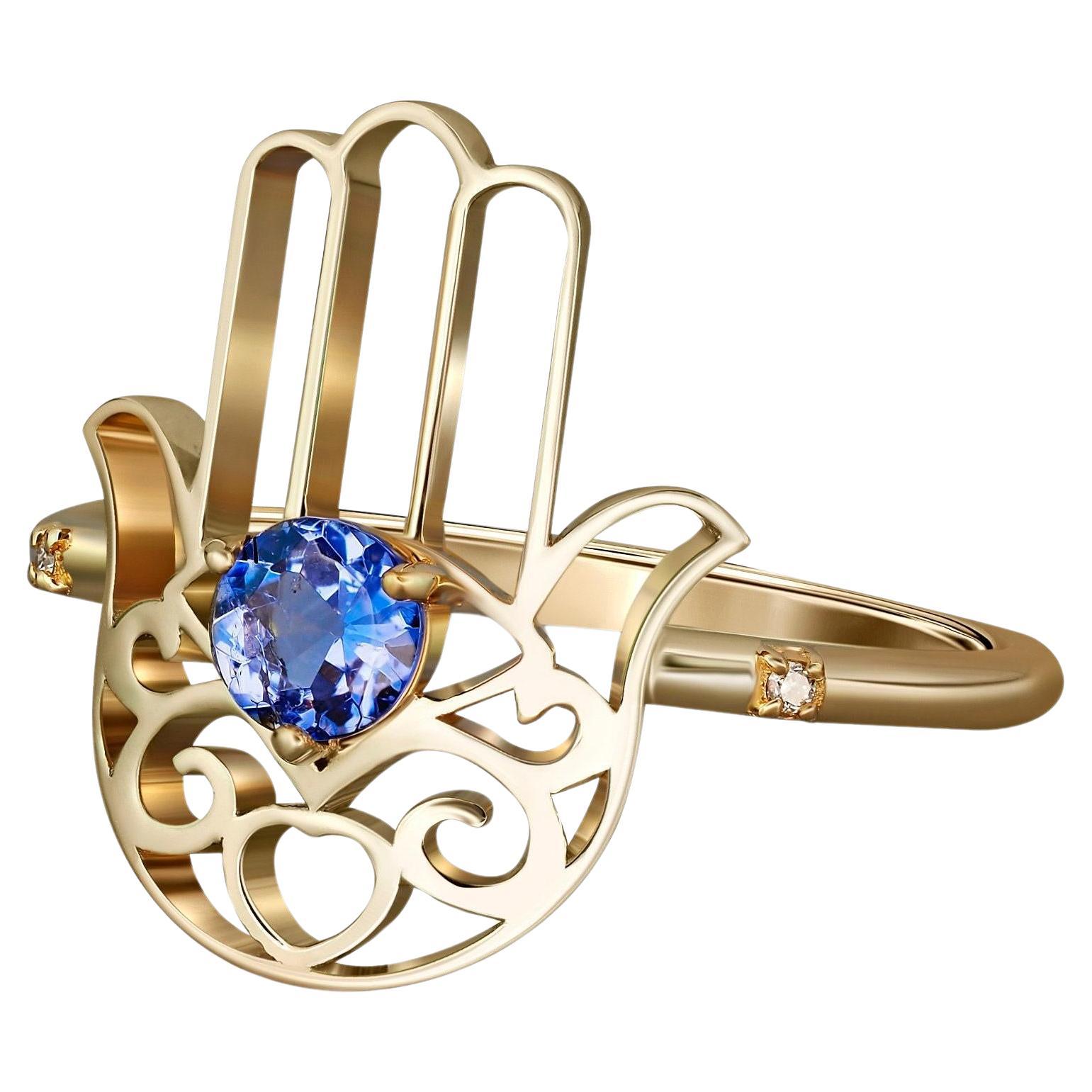 Hamsa Hand Tanzanite ring in 14k gold/ Hand of Fatima gold Ring/ Gold Protection