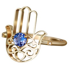 Hamsa Hand Tanzanite ring in 14k gold/ Hand of Fatima gold Ring/ Gold Protection