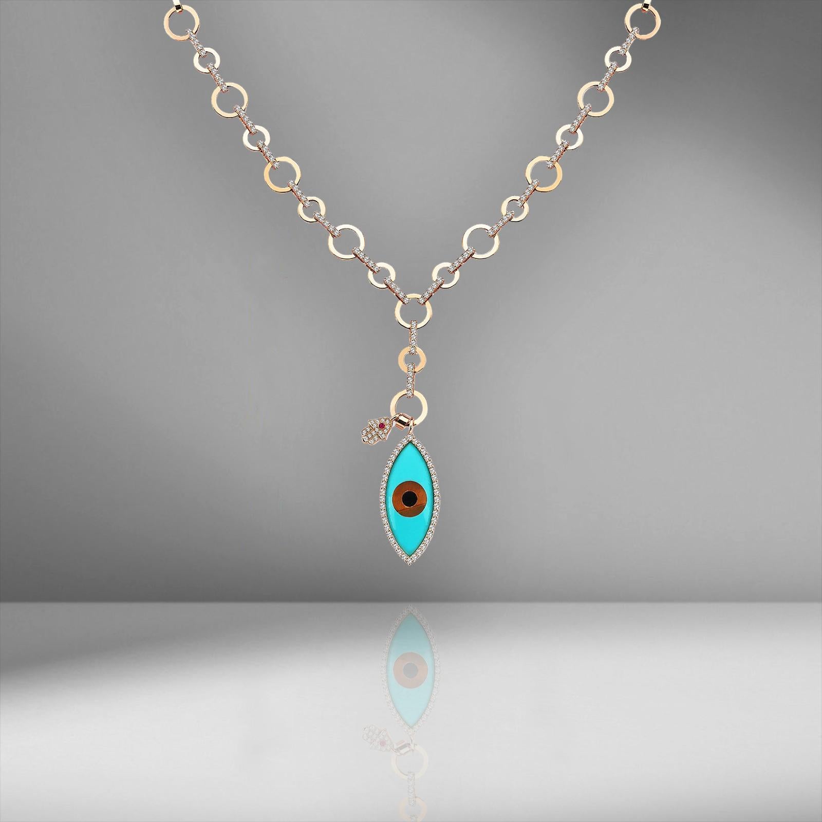 Turquoise Evil Eye Protections Charm With Mini Hamsa Hand Pave Diamonds 18K Rose Gold Necklace Is Sure To Be An Eye-Catcher. 
Wear It On Its Own Or Layered With Any Of Our Other Delicate Charms.

18K Rose Gold
Total Diamond Weight: 1.25 ct Diamond;
