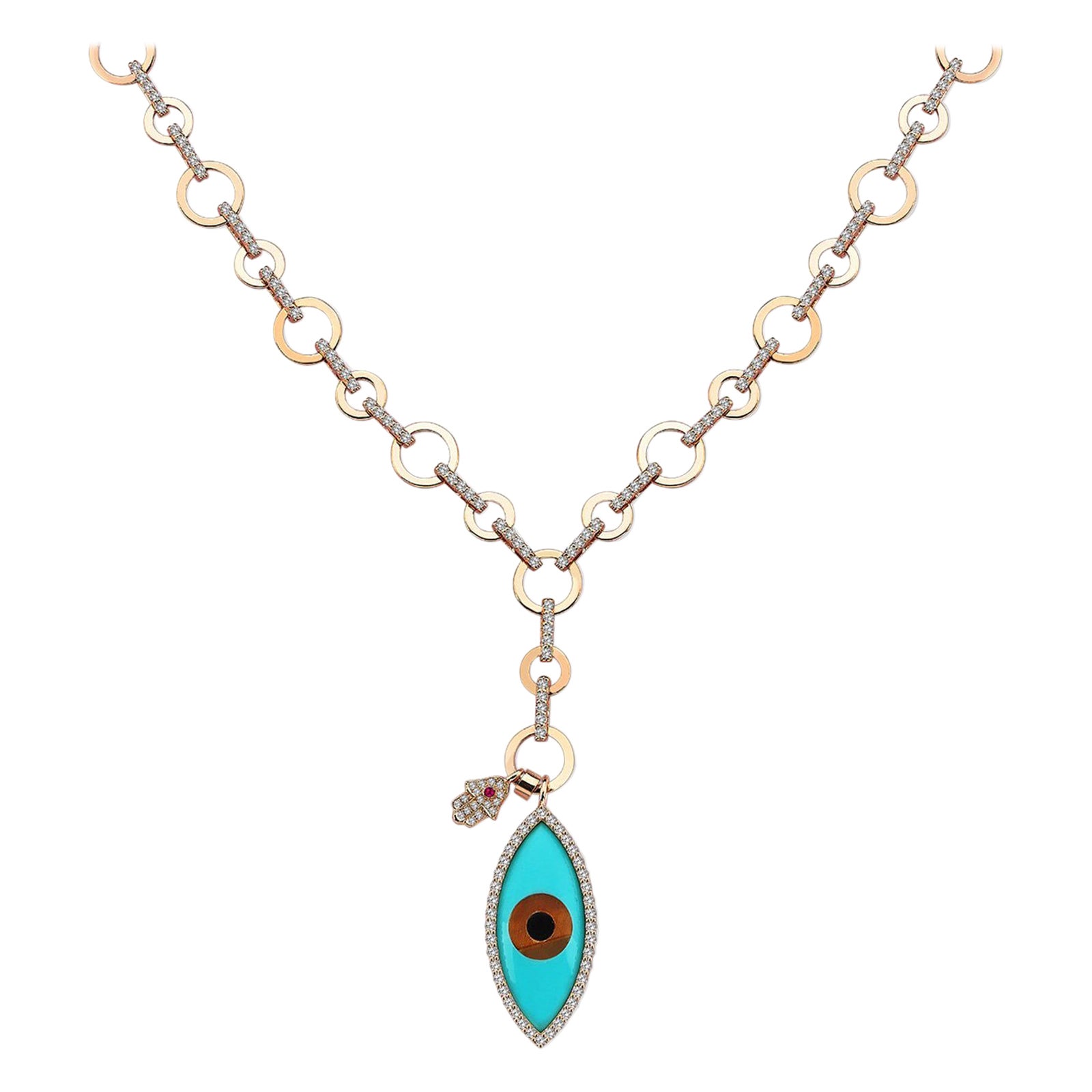 Hamsa Hand Turquoise Evil Eye Diamond Charms 18K Rose Gold Link Necklace For Sale