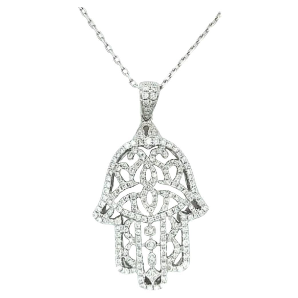 Hamsa Hand White Diamond 18K White Gold Pendant Necklace