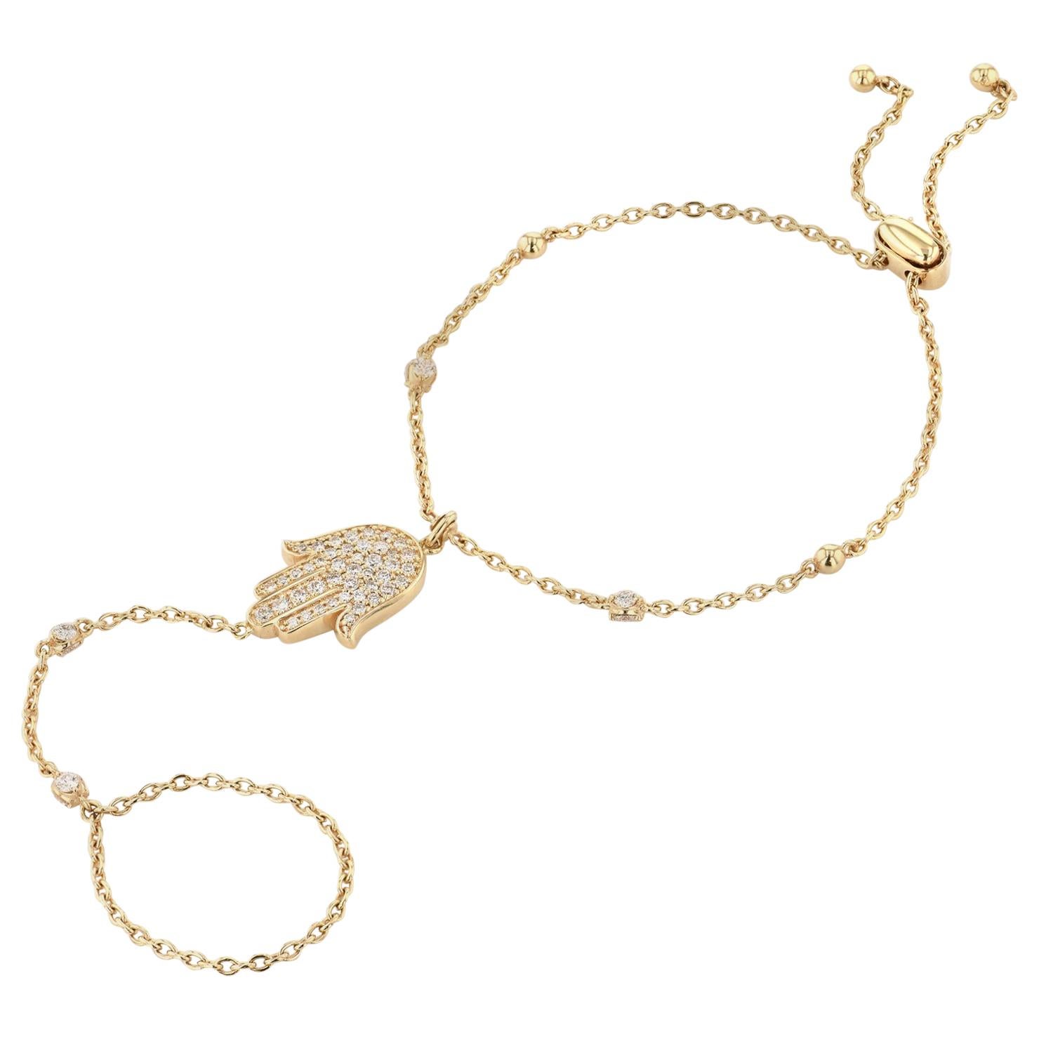 Hamsa Hand 14 karat Yellow Gold and Diamond Chain Bracelet with Ring Attachment