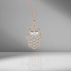 Hamsa Necklace, 18K White Gold .62 Carat Baguette Diamonds Hand of Fatima Charm