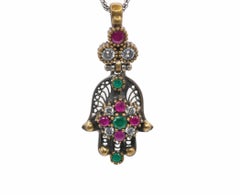 Hamsa Pendant Good Luck Charm with Rubies, Sapphires and Chain, circa 1950