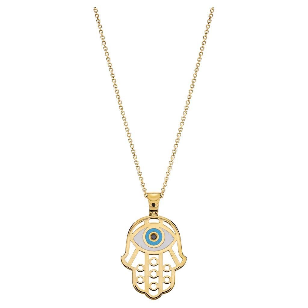 Hamsa Shape Necklace with Enamel Evil Eye & Black Diamond in 18Kt Yellow Gold